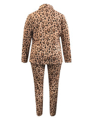 Plus Leopard Print Coat & Elastic Pants Set