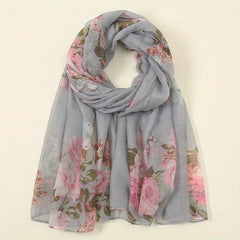 Vintage Flower Print Voile Scarf Butterfly Plants Windproof Shawl