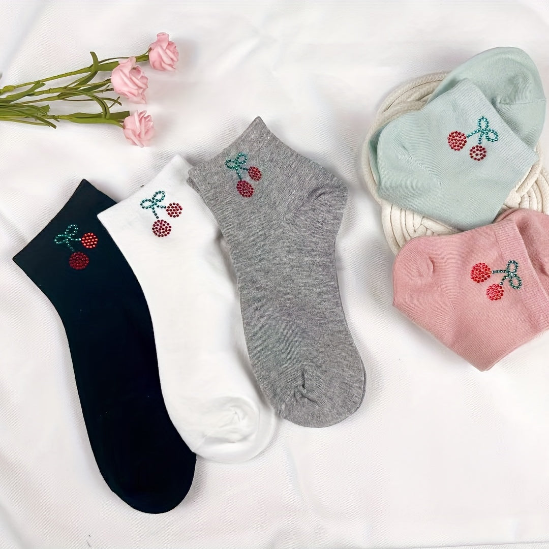 Cherry Rhinestone Crew Socks 5 Pairs Women's Stockings