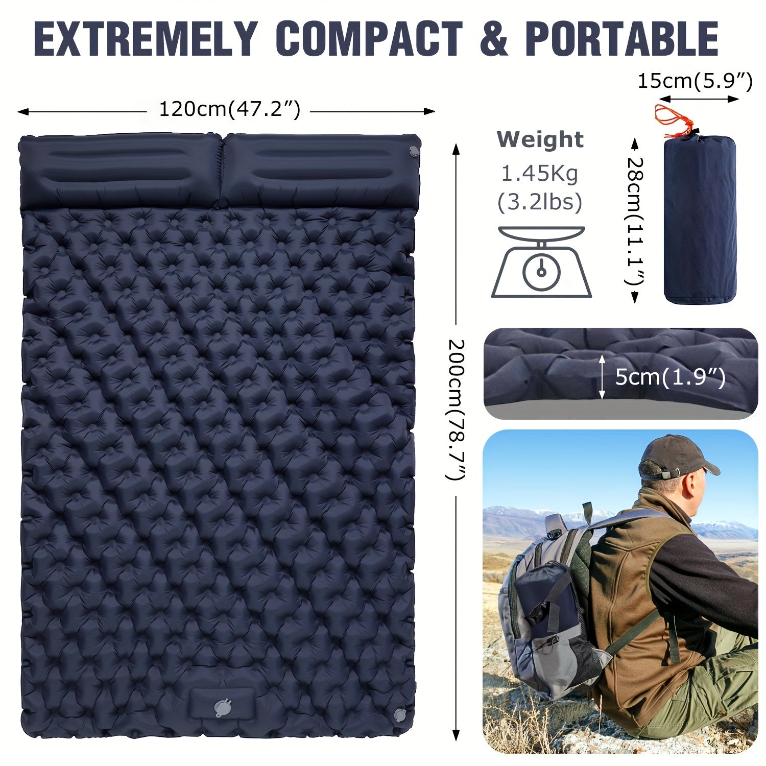 Camping Double Inflatable Mattress with Built-in Pillow