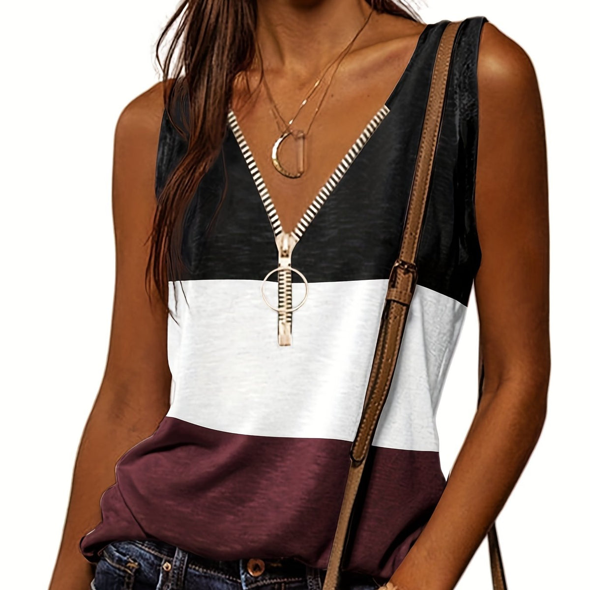 Casual V Neck Sleeveless Tank Top Zip Up for Summer
