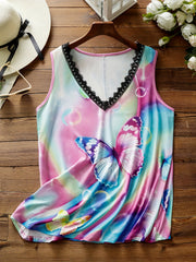  Bubble & Butterfly Print Lace Trim V Neck Tank Top