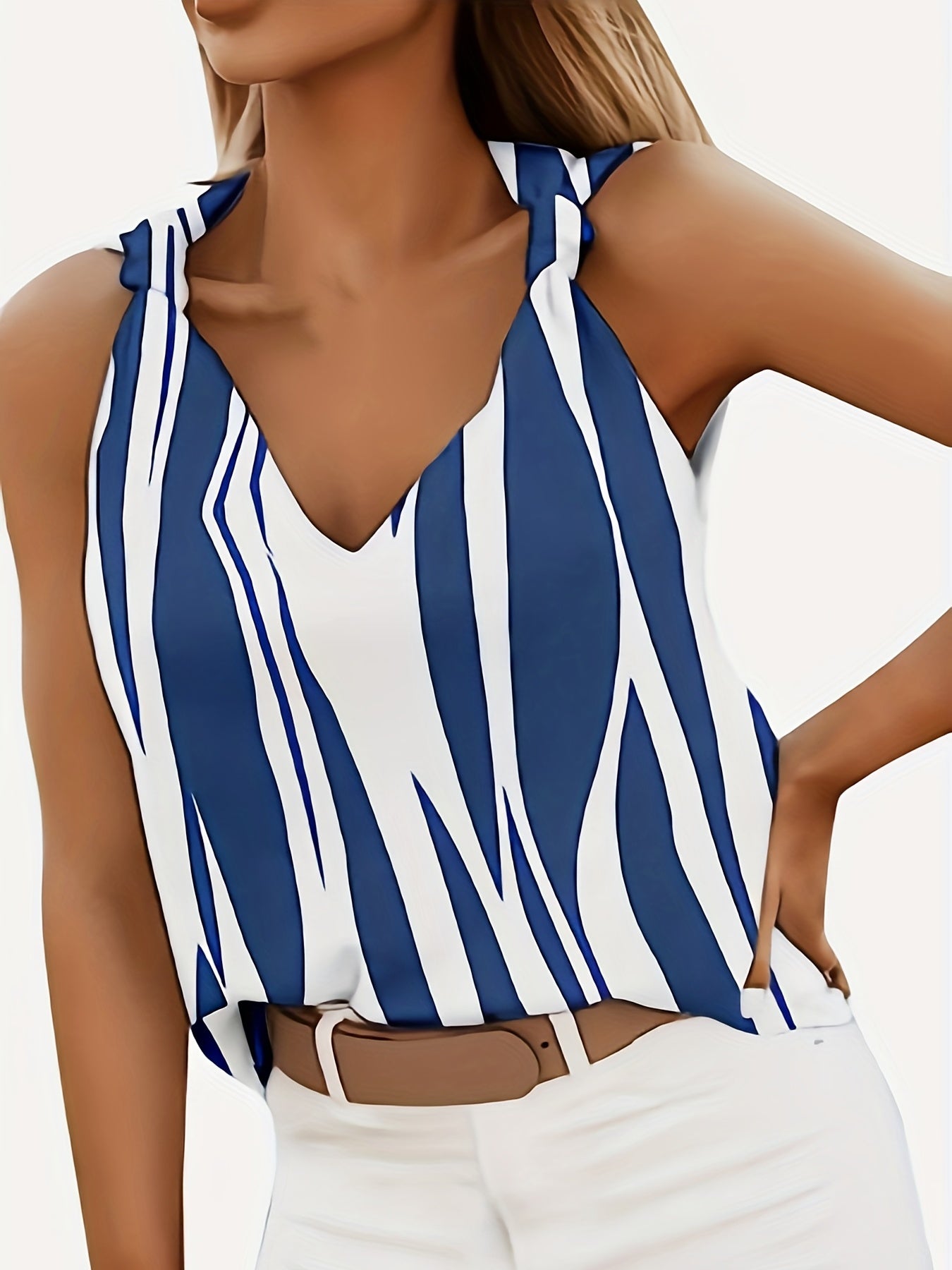 Feather Print Knotted Strap Tank Top Casual V Neck Sleeveless Tank Top