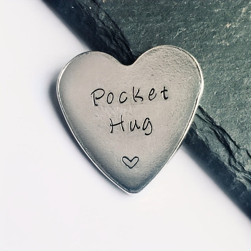 Stainless Steel Pocket Hug Heart Keepsake Token - Hand Stamped Pocket Token