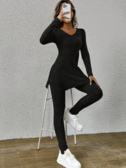 Ribbed Two piece Set Long Sleeve Side Split Top & Pants Outfits