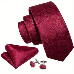 Burgundy Red Paisley Plaids Necktie Set