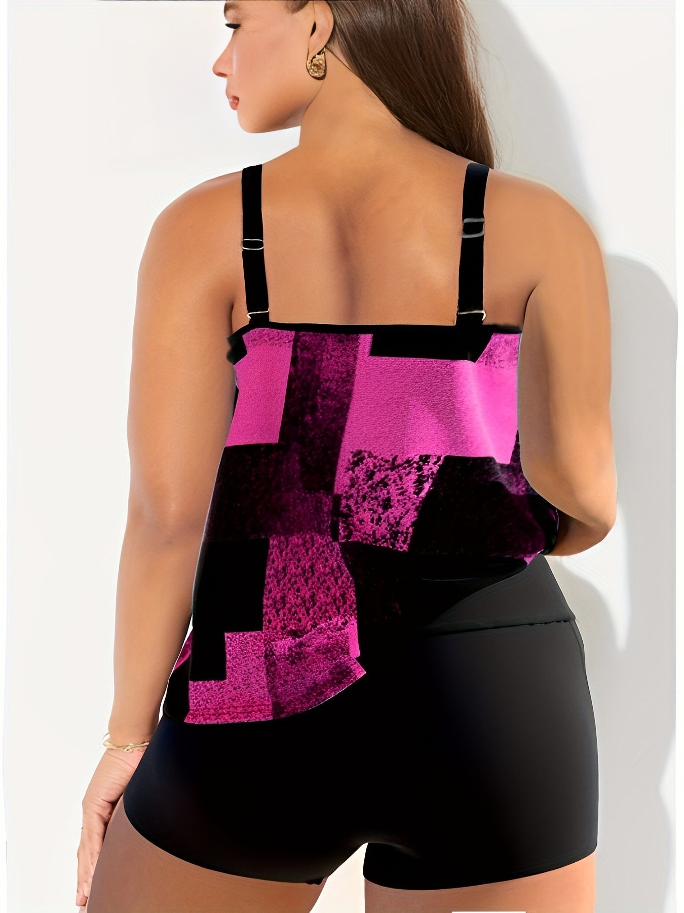  Geometric Print Split Strap Tankini Set