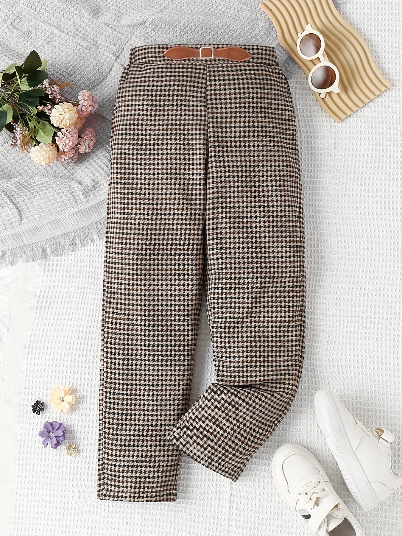 Girls' Casual Plaid Print Leather Decor Straight Leg Pants