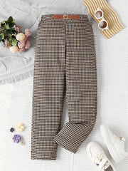 Girls' Casual Plaid Print Leather Decor Straight Leg Pants