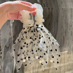 Heart Shape Pattern Hair Tie Small Faux Pearl Hair Tassel Mesh Large Scrunchie