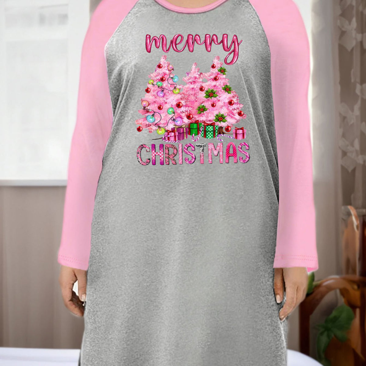  Women's Christmas Tree Print Round Neck Tee Sleep Dress