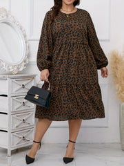  Leopard Print Lantern Sleeve Midi Smock Dress