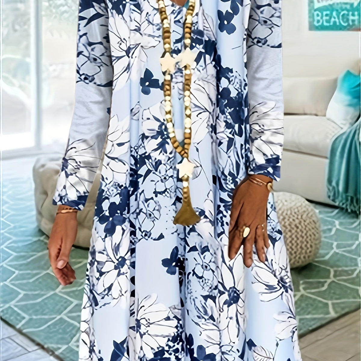  Floral Print Long Sleeve V Neck Casual Dress