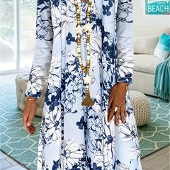  Floral Print Long Sleeve V Neck Casual Dress