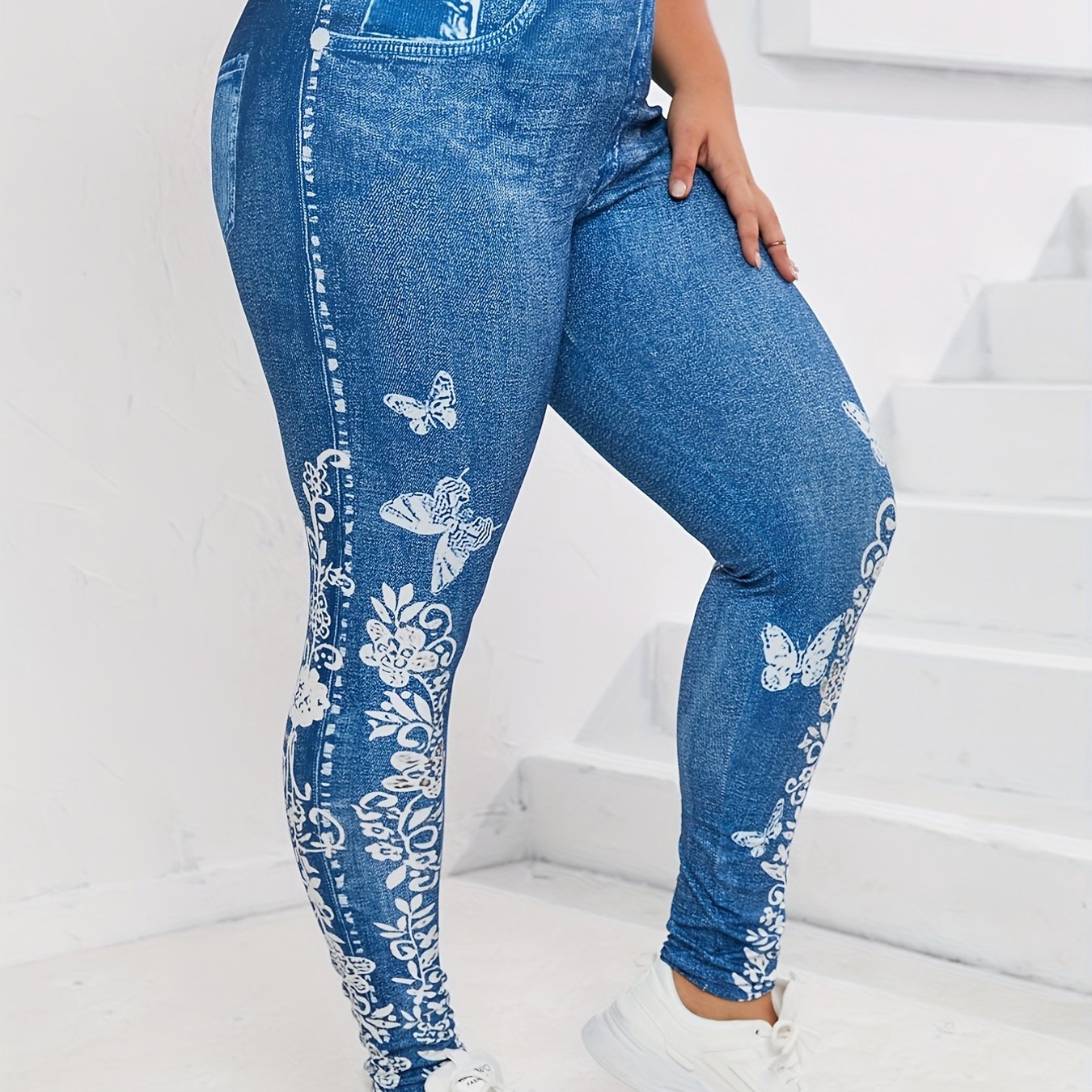  Butterfly & Denim Print High Stretch Leggings