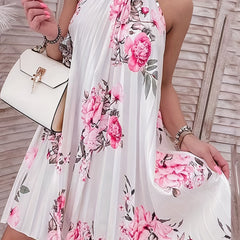  Halter Neck Floral Print Pleated Dress