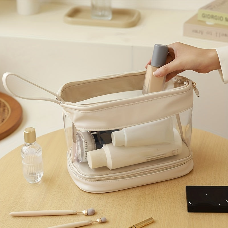 Clear Faux Leather Makeup Bag Waterproof Double Compartment Cosmetic Bag