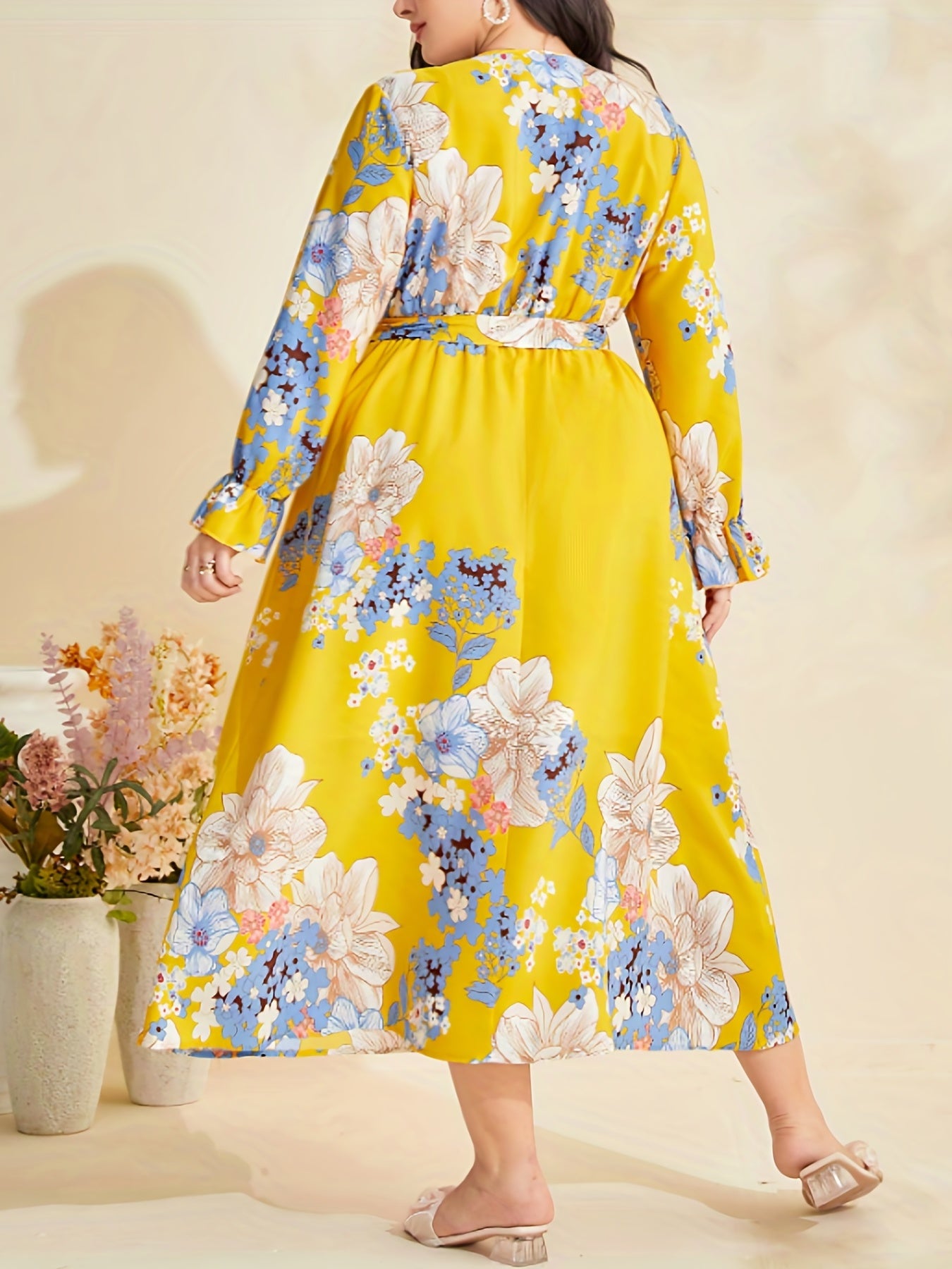  Floral Print Lantern Sleeve Dress With Belt