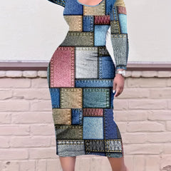  Colorblock Denim Print Long Sleeve Dress