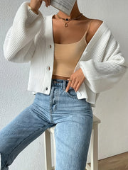  Solid Button Up Lantern Sleeve V Neck Cardigan