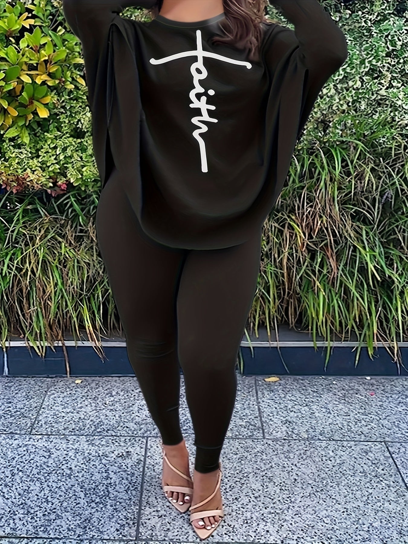 Plus Size Casual Outfit Women's Plus Cross Letter Print Top & Pants Set