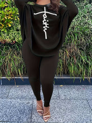 Plus Size Casual Outfit Women's Plus Cross Letter Print Top & Pants Set