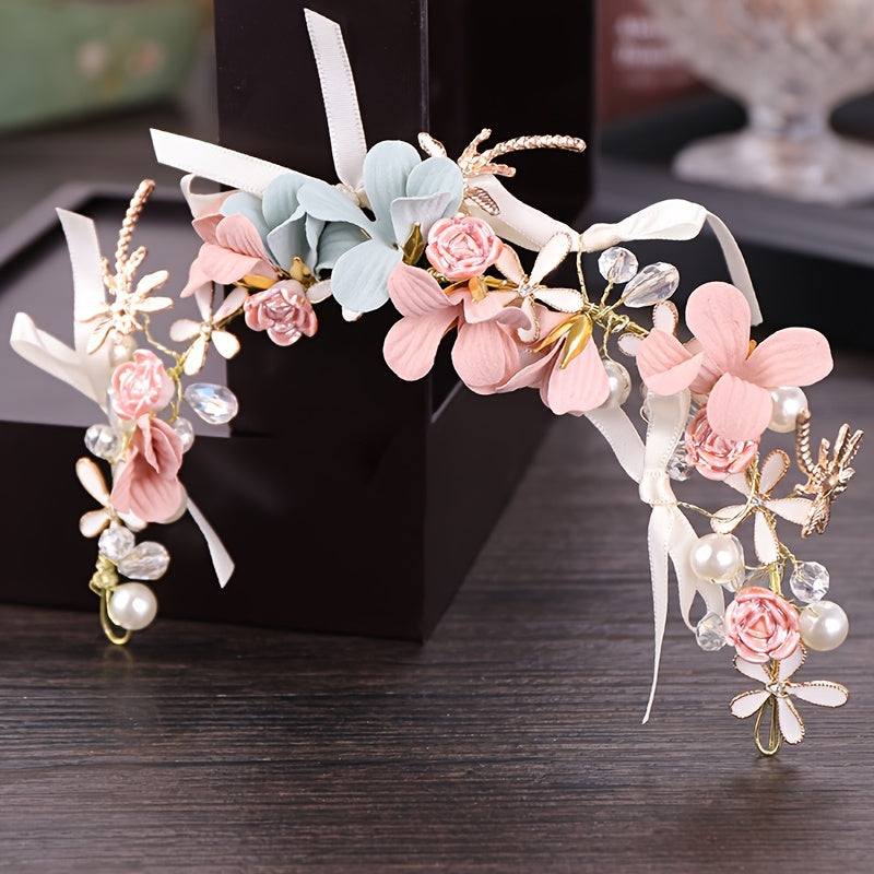 Lustrous Petals Crystal & Faux Pearl Bridal Headband Wedding Hair Accessory