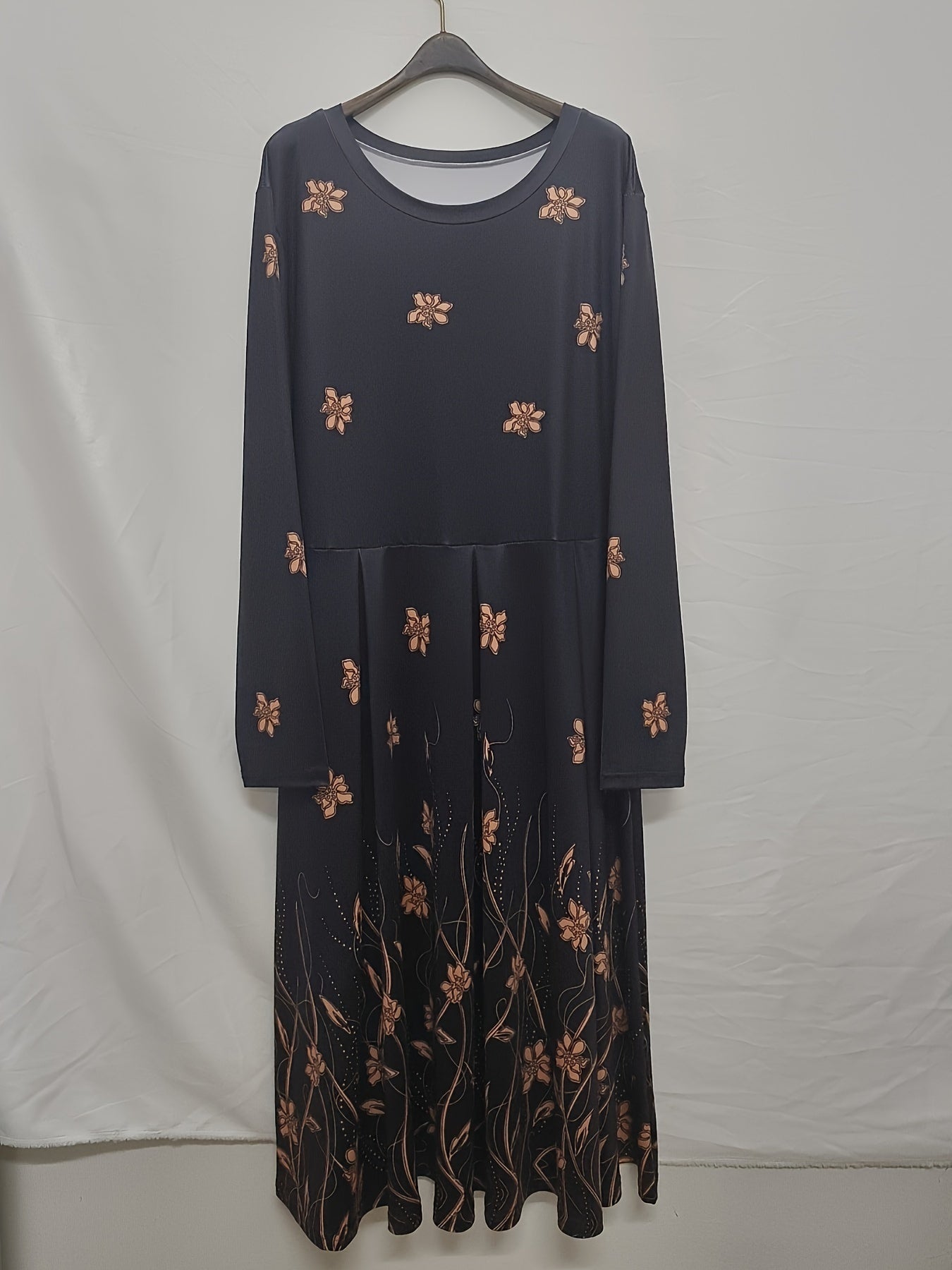  Floral Print Long Sleeve Round Neck Midi Dress