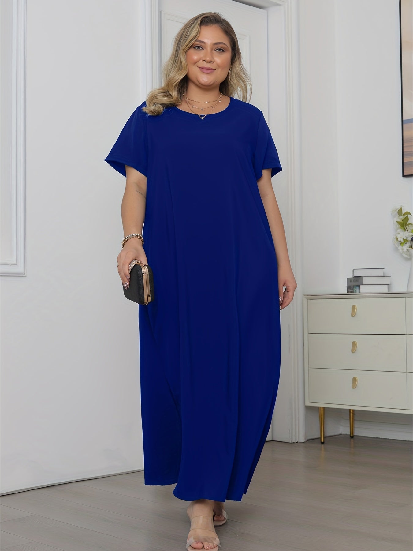  Solid Short Sleeve Maxi Dress