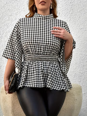 Houndstooth Print Nipped Waist Peplum Top