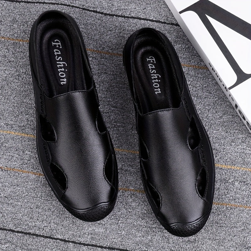 Men's Breathable No Tie Lace Cut Out Leather Shoes