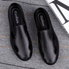 Men's Breathable No Tie Lace Cut Out Leather Shoes