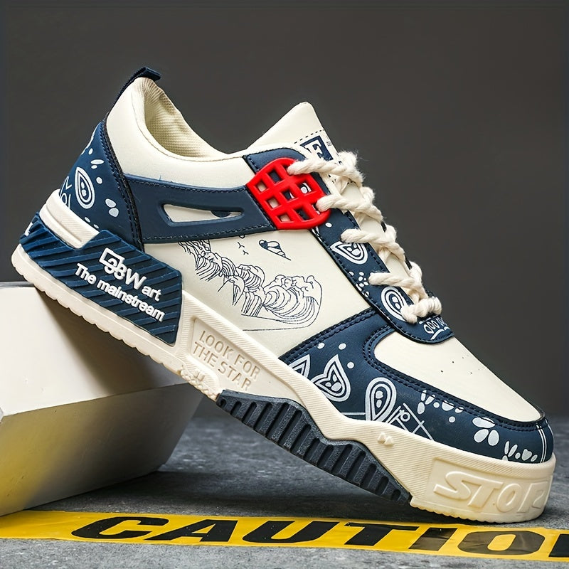 Men's Ocean Wave Pattern Lace-up Sneakers Skate Shoes