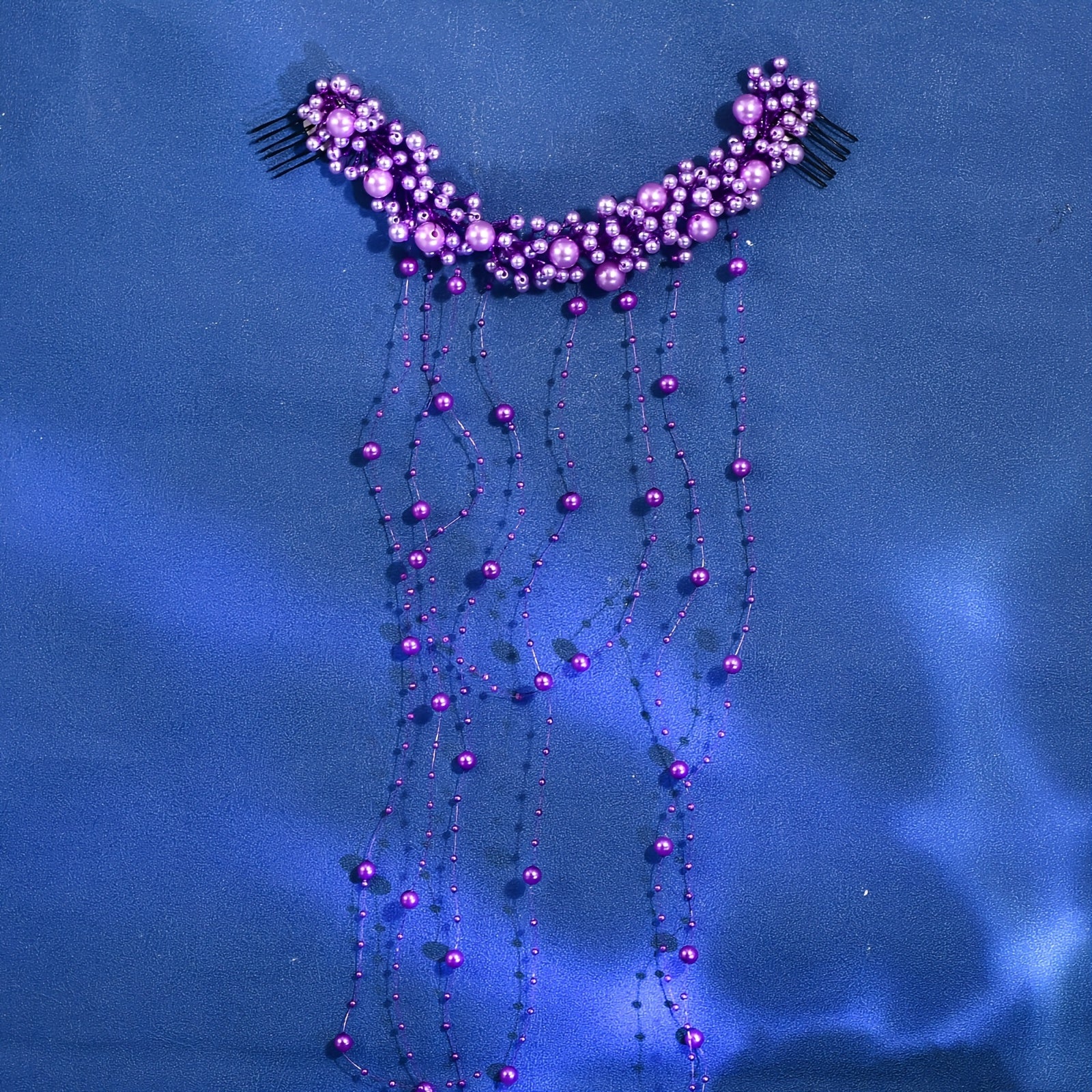 Vintage Bridal Hair Accessory Purple Beaded Tassel Veil with Floral Headpiece