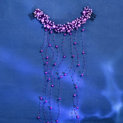 Vintage Bridal Hair Accessory Purple Beaded Tassel Veil with Floral Headpiece
