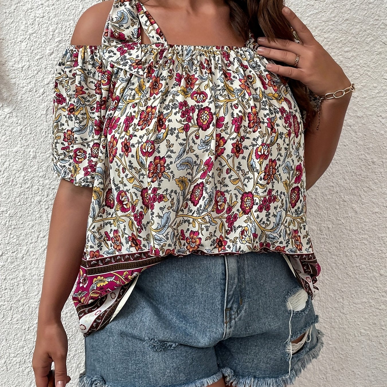  Boho Blouse Women's Plus Colorblock Floral Print