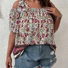  Boho Blouse Women's Plus Colorblock Floral Print