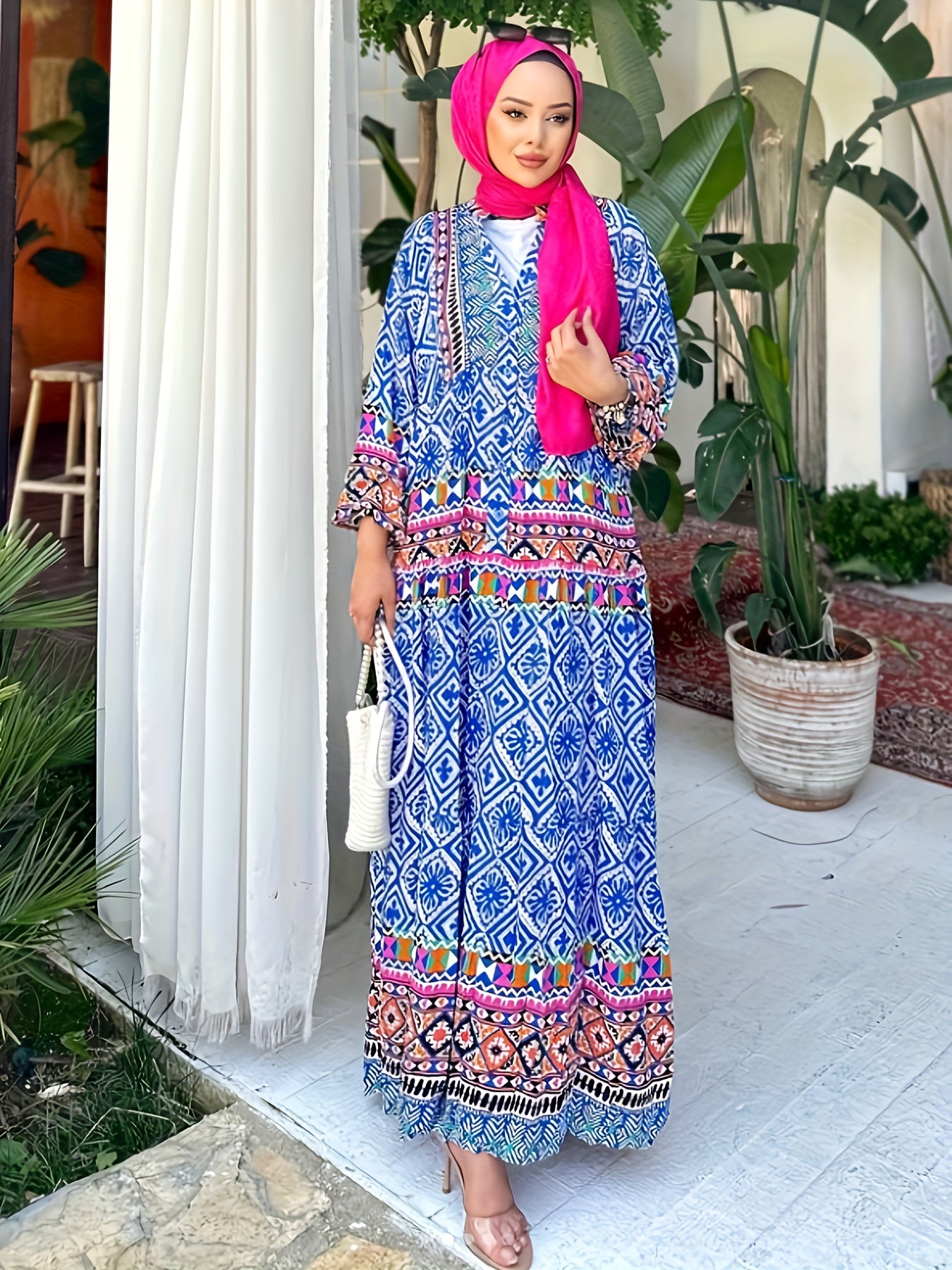  Colorblock Geometric Print Lantern Sleeve Maxi Dress