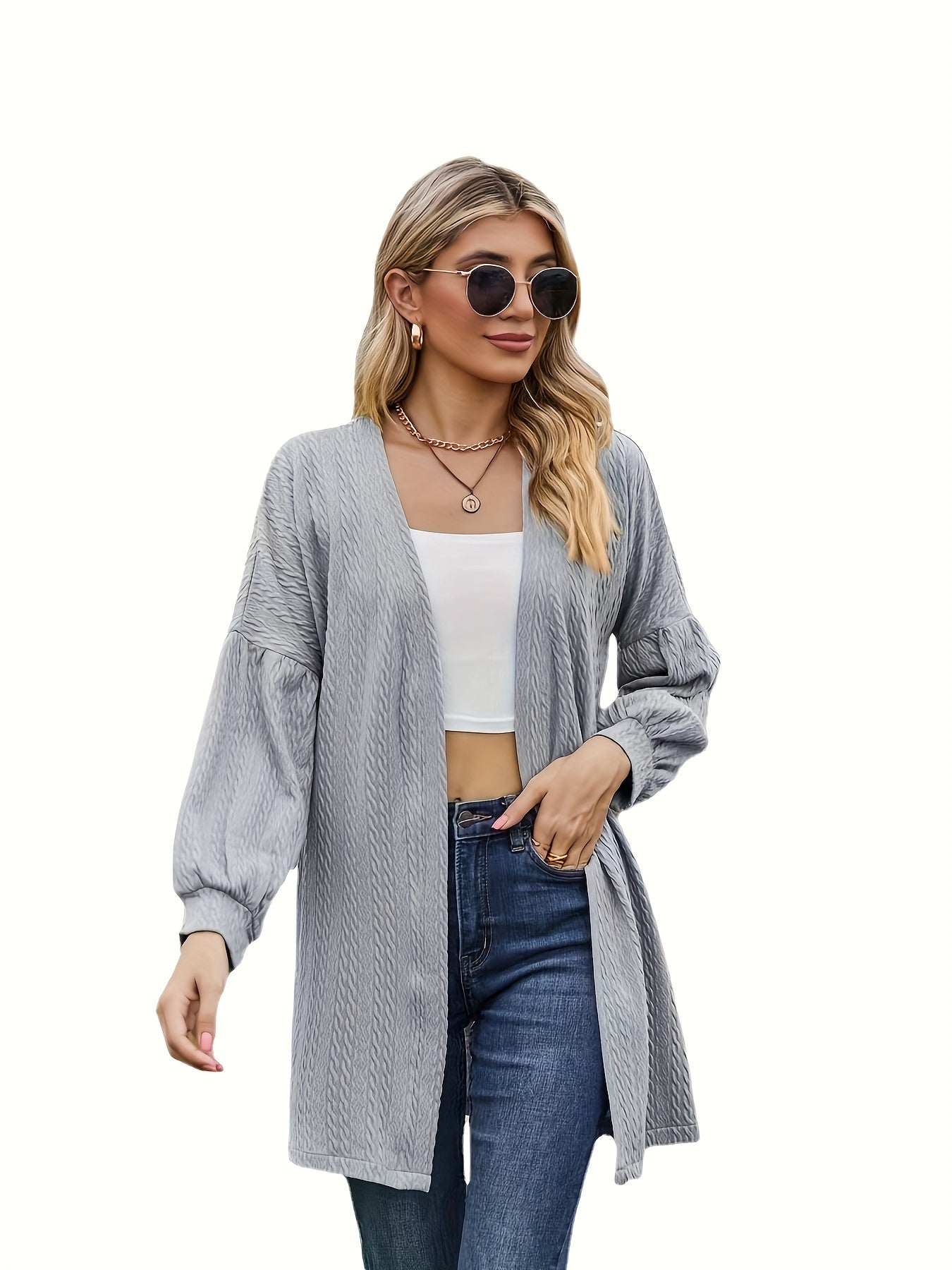  Solid Jacquard Lantern Sleeve Open Front Cardigan