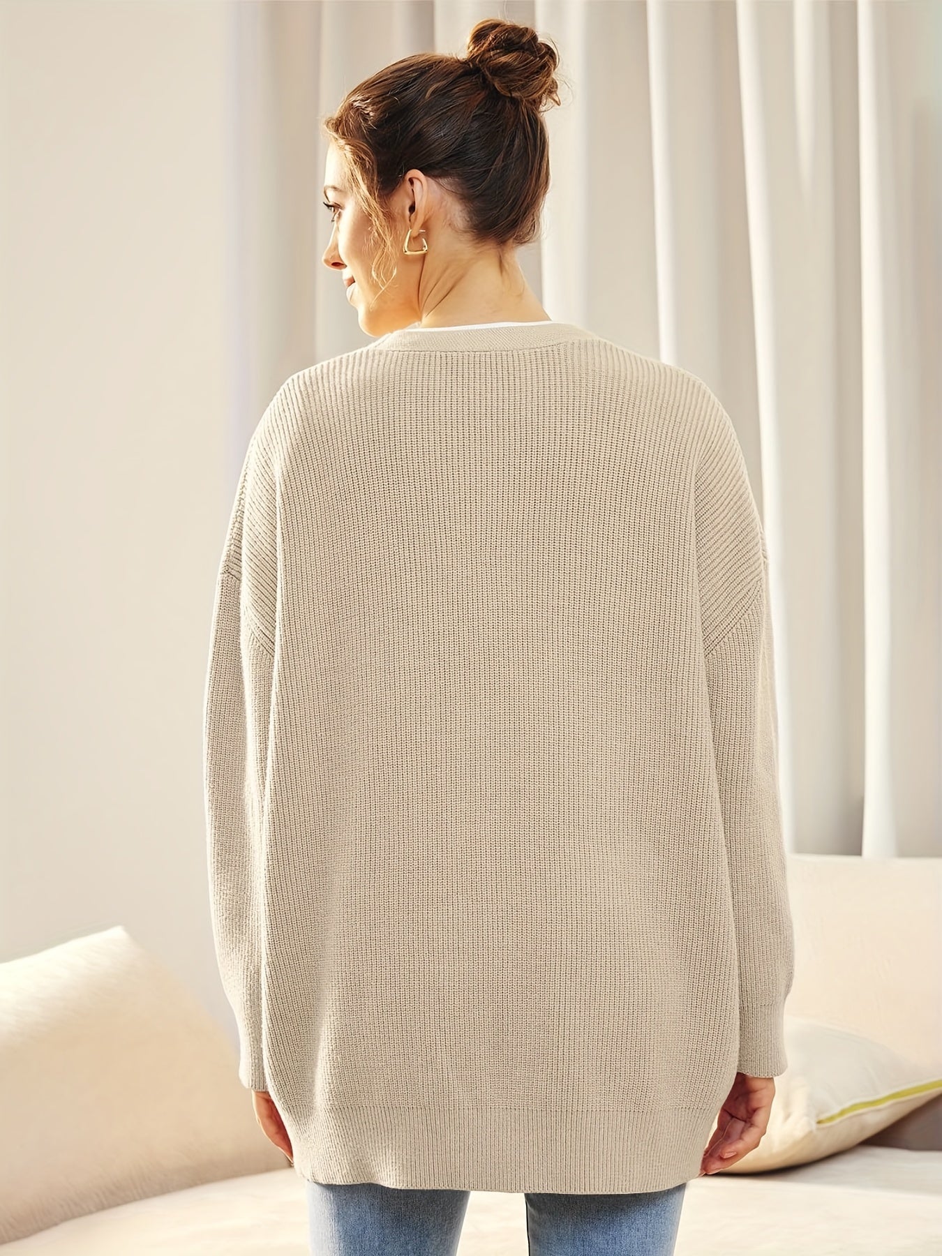  Solid Button Up Long Sleeve V Neck Cardigan