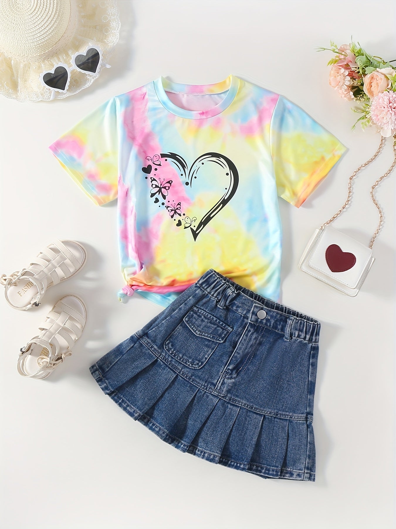 Girl's Heart Butterfly Tie Dye T shirt & Pleated Denim Skirt Set