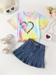 Girl's Heart Butterfly Tie Dye T shirt & Pleated Denim Skirt Set