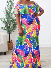  Colorblock Leaf Print Off Shoulder Maxi Dress