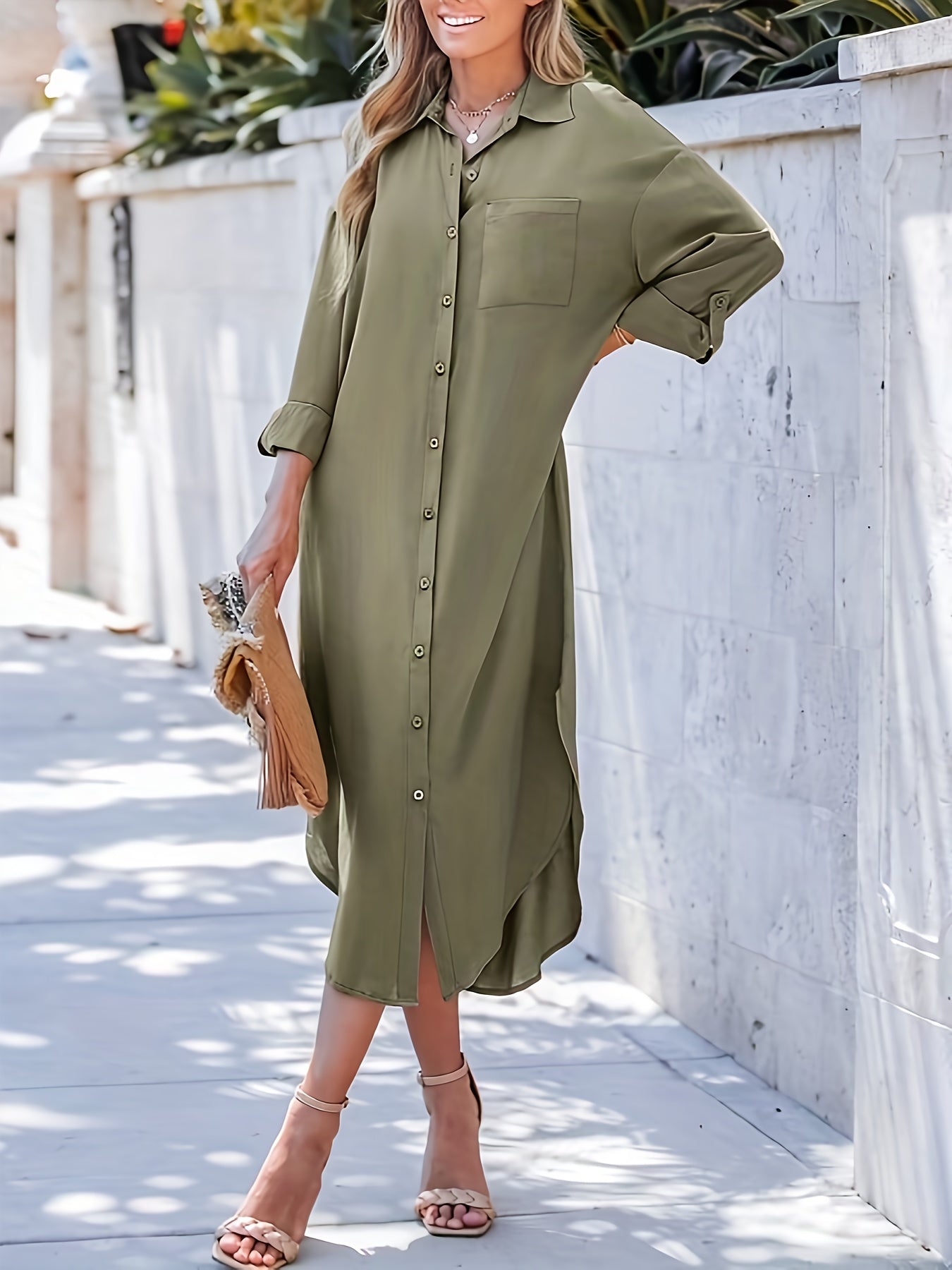  Solid Button Up Sleeve Shirt Dress