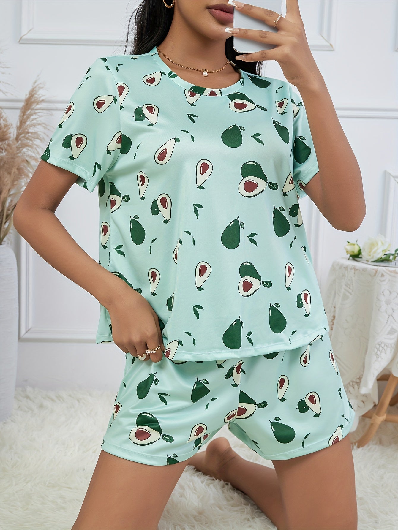 Avocado Print Pajama Set Short Sleeve Crew Neck Top & Elastic Waistband Shorts