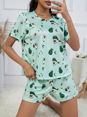 Avocado Print Pajama Set Short Sleeve Crew Neck Top & Elastic Waistband Shorts