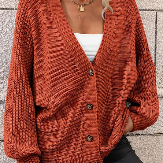  Solid Button Up Lantern Sleeve V Neck Cardigan