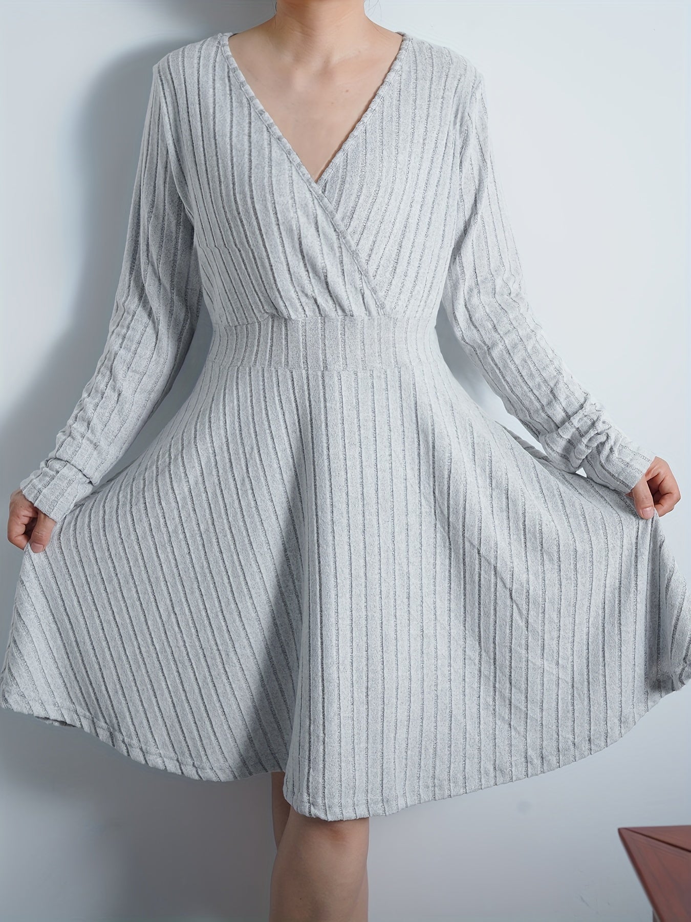  Solid Long Sleeve Surplice Neck Ribbed Knit Sweater Dress