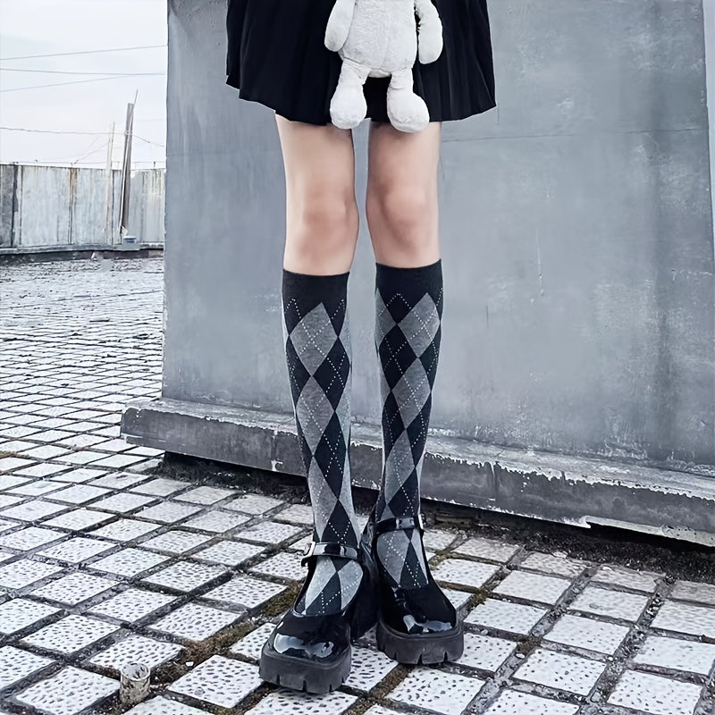Argyle Calf Socks College Style Knee High Socks Women's Stockings