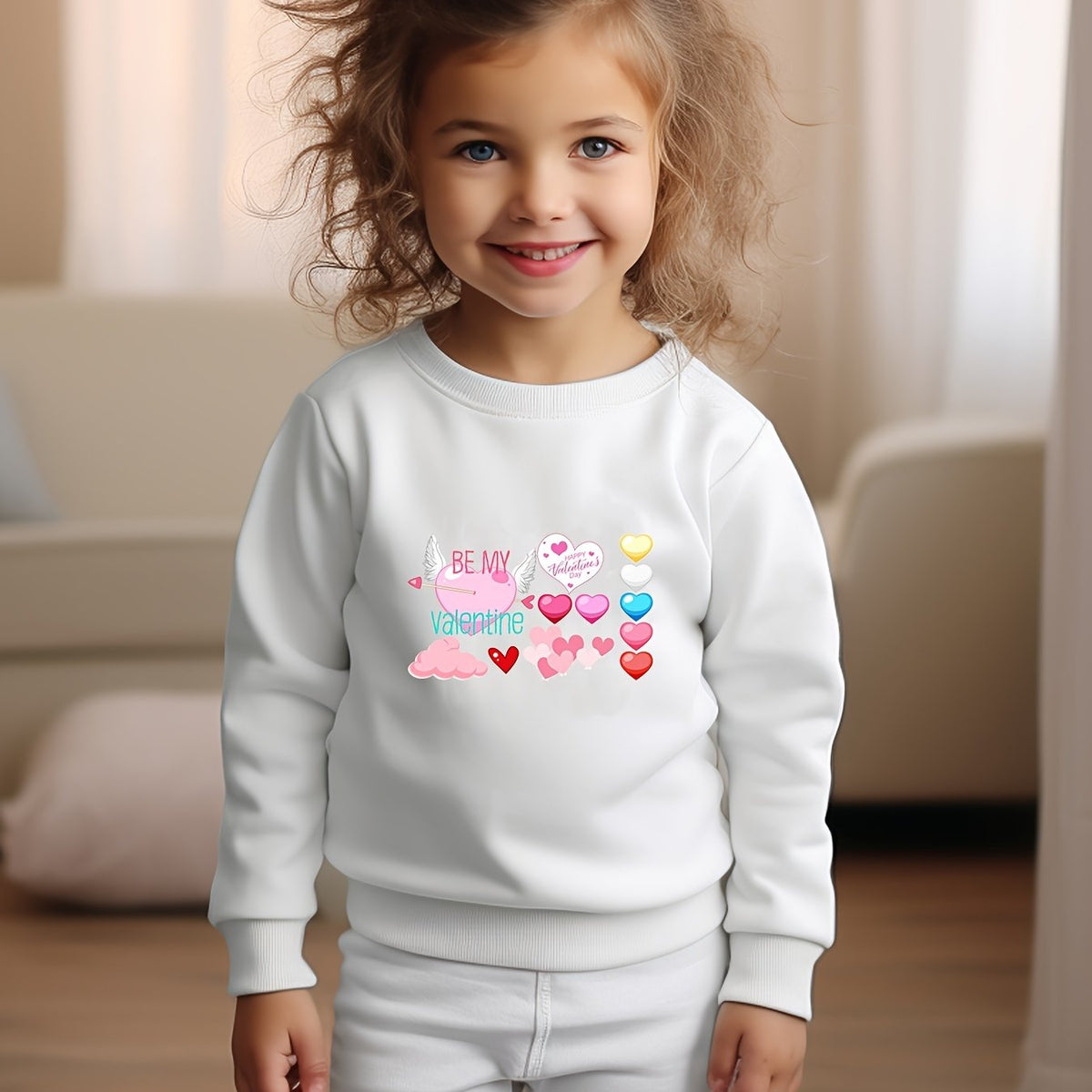 Cartoon Hearts Pattern Crew Neck Long Sleeve Sweatshirt for Girls Kids